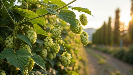 Tilt-Shift Photography of Common Hops Bathed in Sunlight for Brewery and Garden Lovers, Capturing the Beauty of Nature and Agriculture in a Miniature World