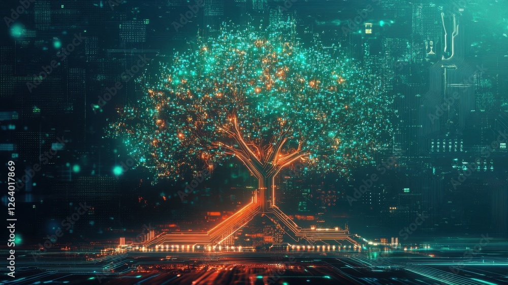 Poster a glowing tree with branches made of circuits and glowing nodes, set against a high-tech circuit boa