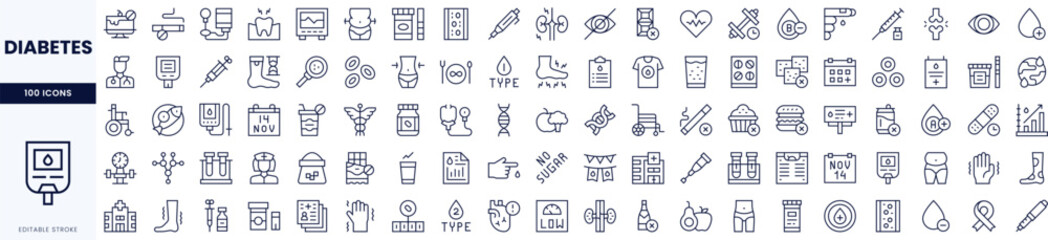 A comprehensive collection of diabetes-themed icons in a minimalist outline style, representing health and wellness.