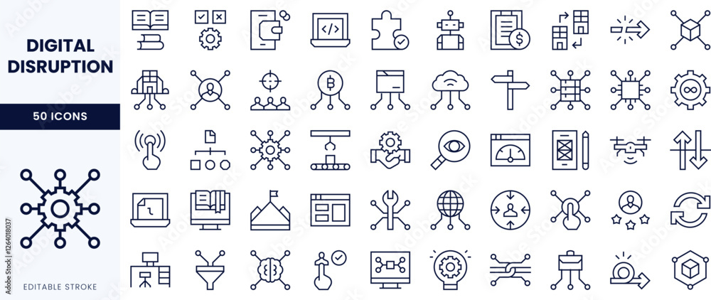 Wall mural a comprehensive set of line icons representing digital disruption and technological advancement.