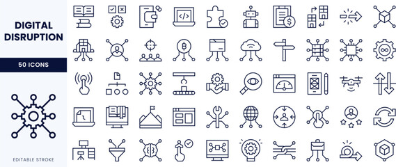 A comprehensive set of line icons representing digital disruption and technological advancement.