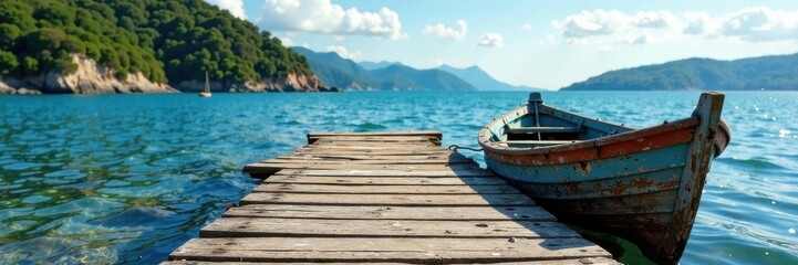 Obraz premium Weathered wooden fishing boat dock, driftwood, sailboat