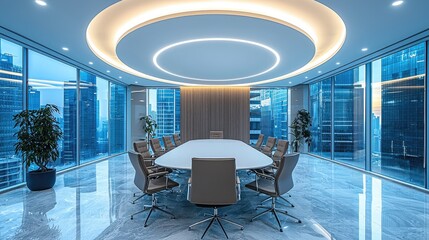 Modern conference room with circular lighting and city skyline view, ideal for business meetings