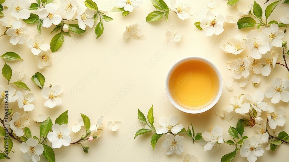 Poster cup of tea with a branch of tree realistic photography on white background with copy space