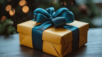 Beautifully wrapped yellow gift box with a blue ribbon on a wooden table, festive background