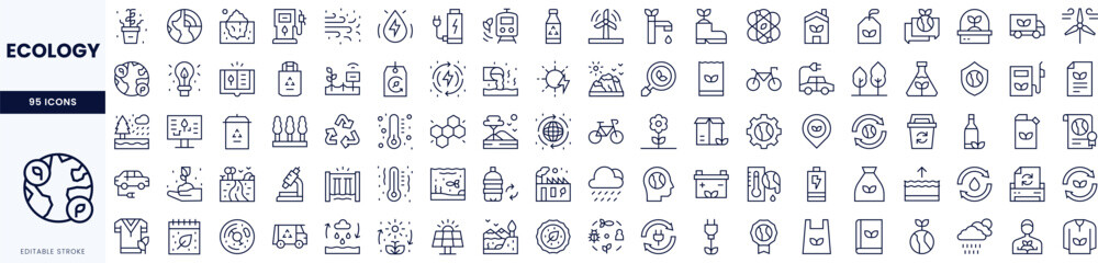 A collection of ecology-themed line icons representing environmental themes, sustainability, and nature.