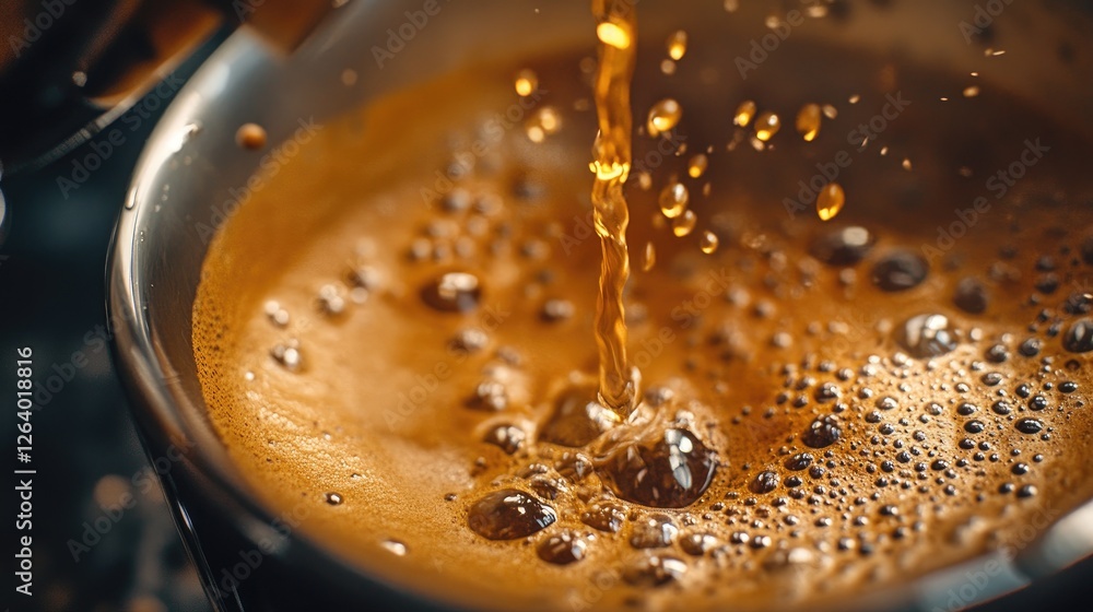 Poster A close-up of coffee being poured into a cup, capturing the interaction with the bubbling surface and the dynamic textures of the liquid splashing.