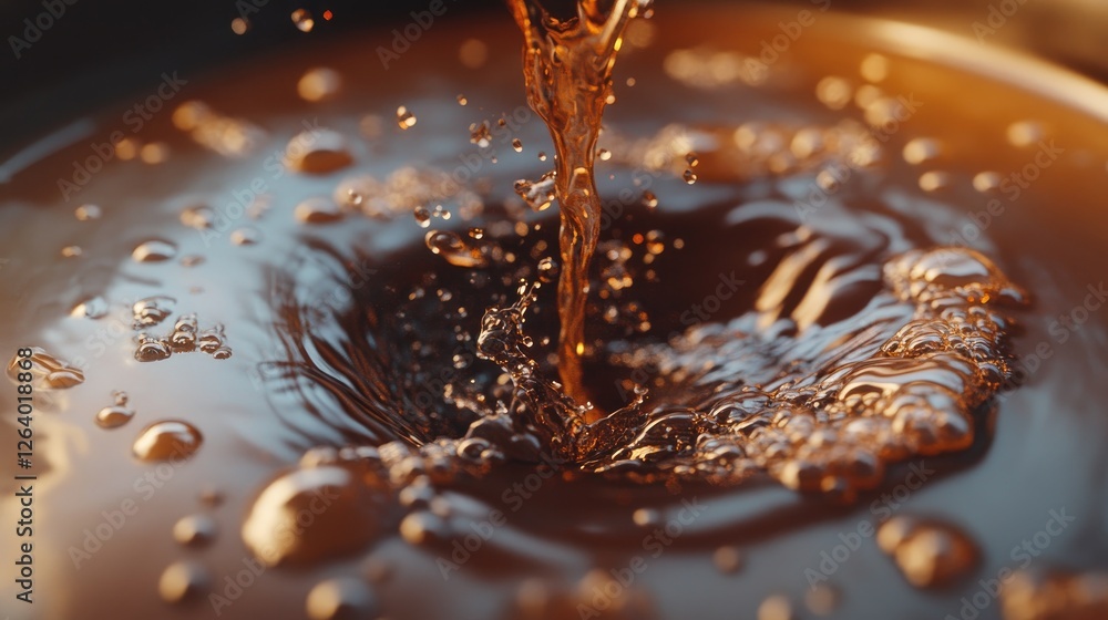 Aufkleber A close-up of coffee being poured into a cup, capturing the interaction with the bubbling surface and the dynamic textures of the liquid splashing.