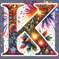 Fototapeta premium Fireworks Letter K: A vibrant and festive letter K, intricately designed with exploding fireworks, swirling floral patterns, and dazzling colors.
