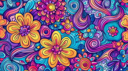 Vibrant floral pattern with colorful swirls, showcasing intricate designs and lively colors
