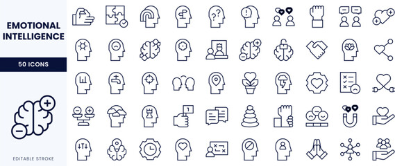A collection of icons representing concepts related to emotional intelligence, showcasing various symbols of thought and interaction.