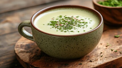 Bowl of soup with a spoon and small bowl of milk matcha tea on a wooden surface