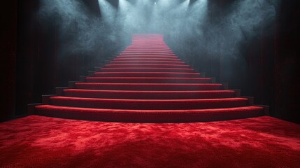 Grand red carpet staircase illuminated by dramatic lighting and fog, creating a cinematic atmosphere