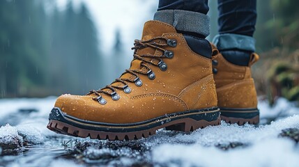 Close-up of rugged hiking boots in a snowy forest stream during a rainy day, showcasing outdoor adventure