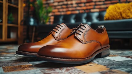 Stylish brown leather shoes displayed on a textured floor in a cozy interior setting