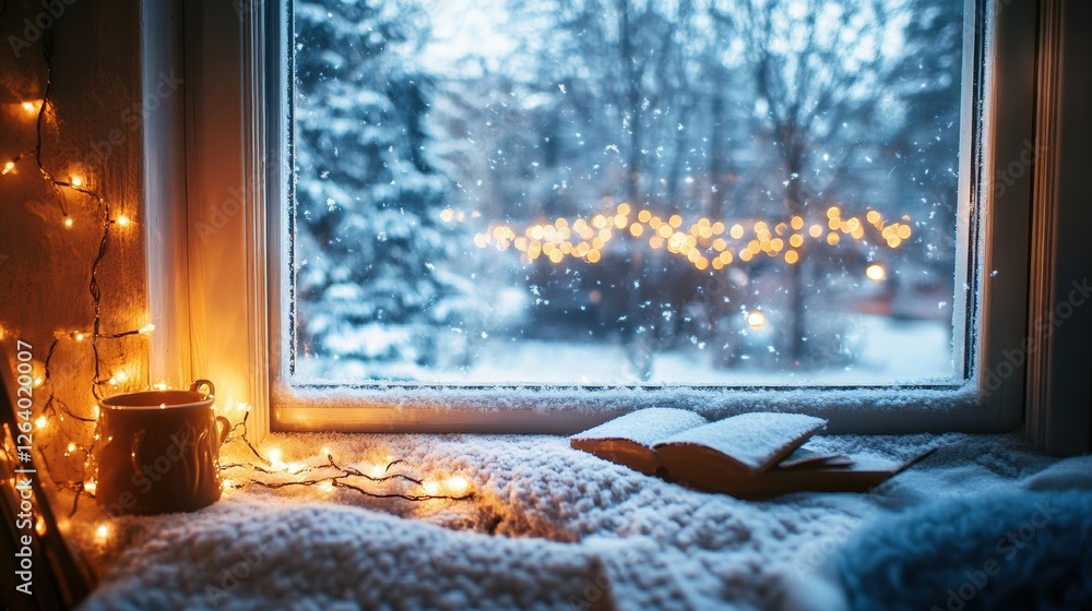 Aufkleber cozy winter scene with a book near a window overlooking a snow covered landscape adorned with twinkl