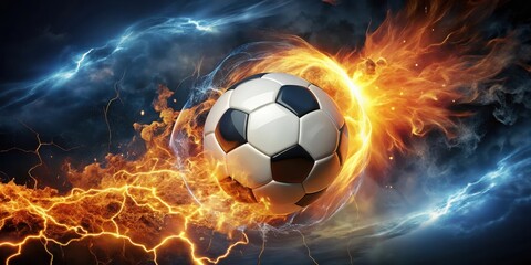 Soccer ball engulfed in flames with lightning illuminating the night sky, lightning, electrifying,  lightning