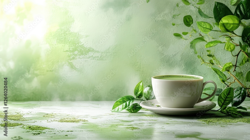 Poster cup of coffee and matcha green tea on a table with copy space for text or design elements