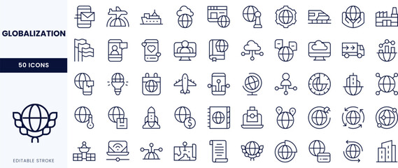 A diverse collection of globalization-themed icons featuring various elements like globes, technology, and transportation.