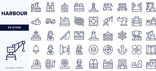 A diverse collection of icons depicting various elements of a harbour, including cranes, boats, and safety equipment.