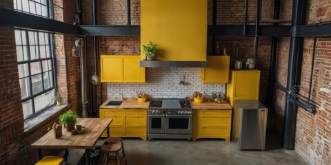 Yellow Kitchen In A Brick Loft Building