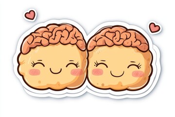 Two smiling cartoon brains in a heartwarming embrace, symbolizing love, friendship, and shared knowledge in a cheerful and playful illustration