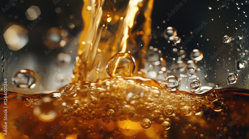 Poster A close-up shot of coffee being poured into a mug, focusing on the bubbles and splashes as the liquid interacts with the surface, creating a dynamic texture.