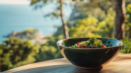 A green bowl filled with fresh ingredients, with the serene backdrop of a forest and ocean in a modern, natural setting.