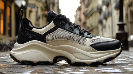 Stylish sneaker showcased on a cobblestone street with a charming urban backdrop