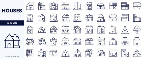 A diverse collection of line icons representing different types of houses and buildings, showcasing various architectural styles.