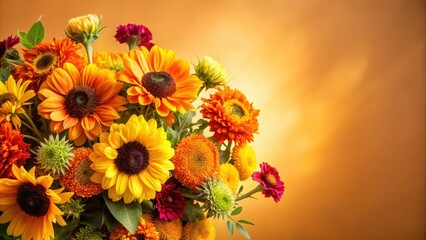 Obraz premium Colorful floral arrangement with marigolds and sunflowers against a warm beige background, vibrant