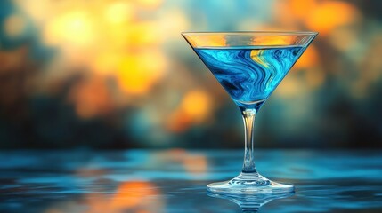 Blue martini cocktail glass with liquid splash and dye swirls creating a vibrant effect