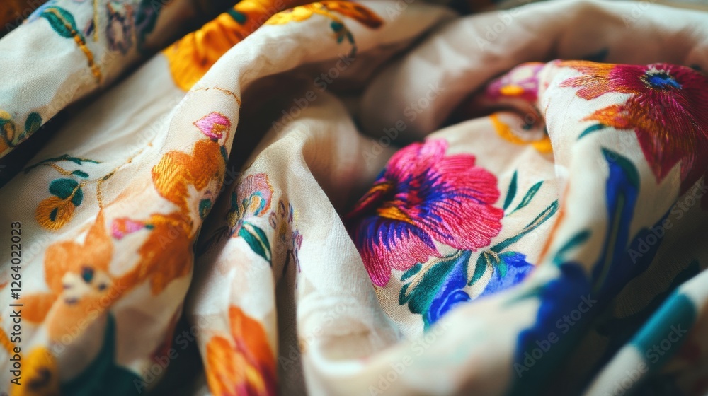 Fototapete Close up view of vibrant patterned fabrics featuring floral designs suitable for creative projects and textile applications. Generative AI