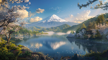 Breathtaking View of Mount Fuji with a Blooming Sakura Tree