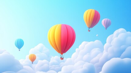 Naklejka premium A group of colorful balloons drifting in a clear blue sky, surrounded by fluffy clouds, creating a fun and lively mood.