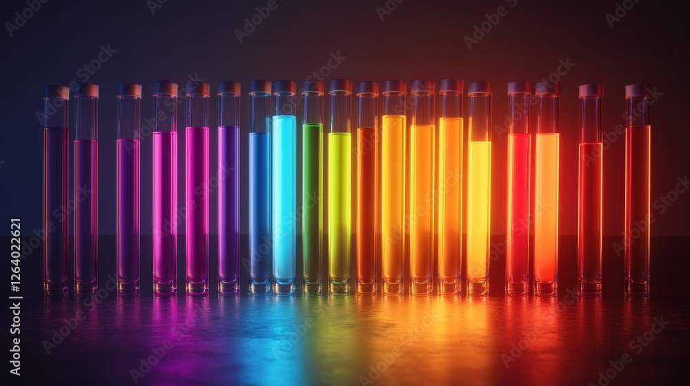 Poster illuminated test tubes in a row displaying a vibrant spectrum of colors on a dark background
