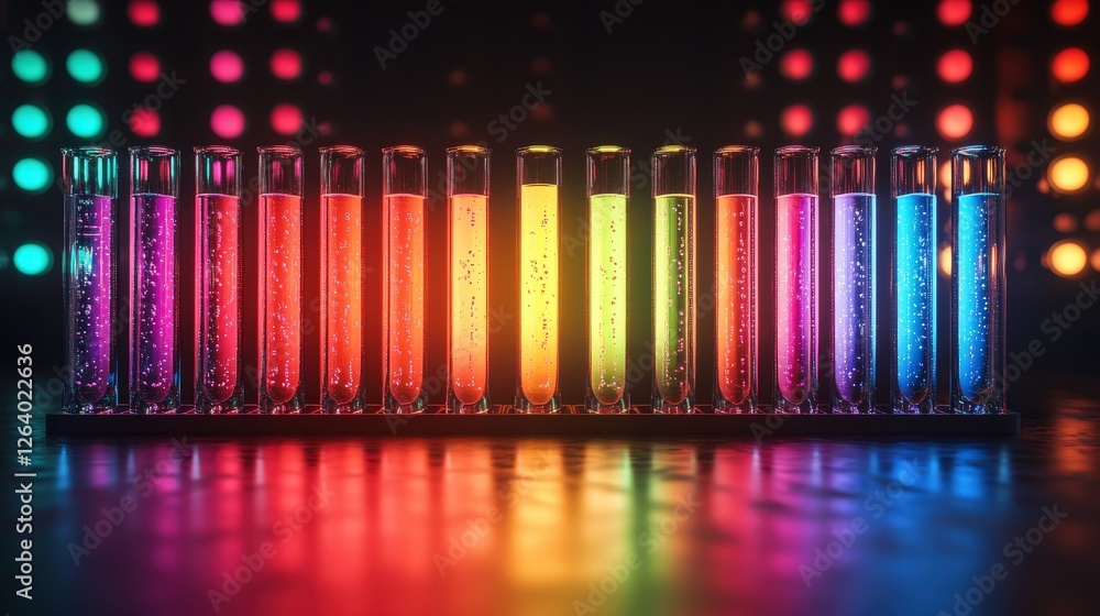 Poster test tubes filled with colorful liquids arranged in a row on a laboratory countertop
