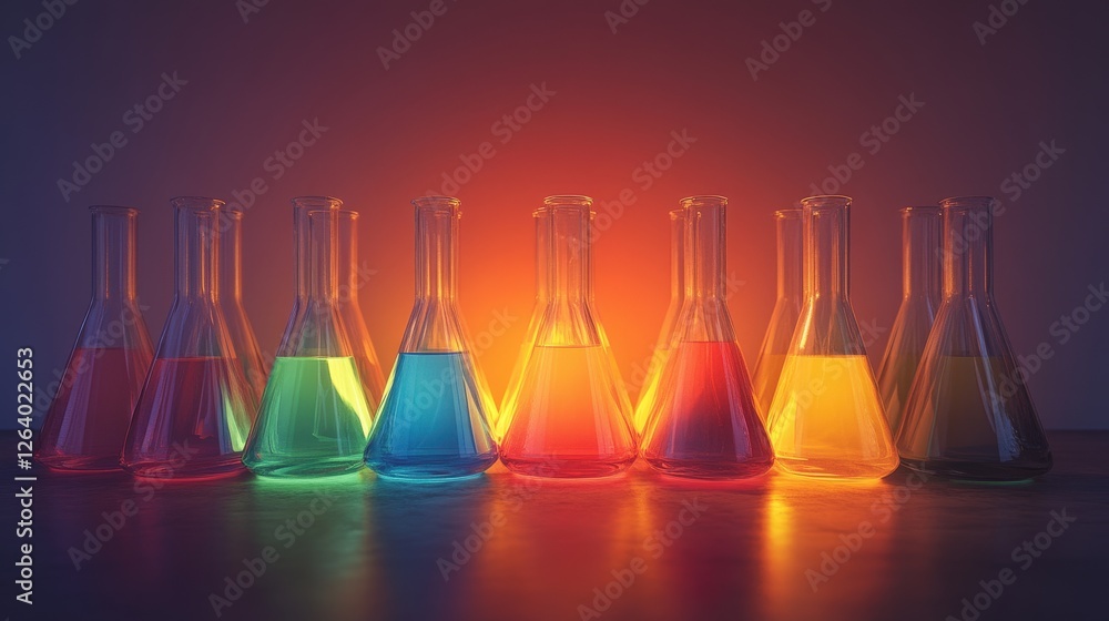 Poster illuminated erlenmeyer flasks in various colors arranged on a table in a laboratory setting