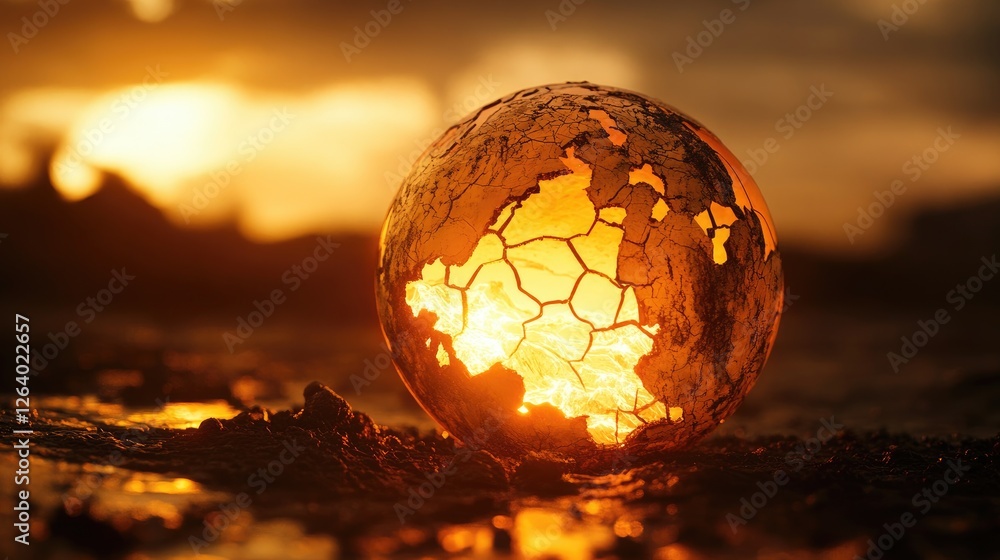 Poster a cracked, glowing globe with rising heat waves, emphasizing the concept of global warming in a dyna