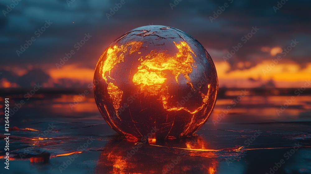 Poster a cracked, glowing globe with rising heat waves, emphasizing the concept of global warming in a dyna