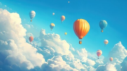 Fototapeta premium A group of colorful balloons drifting in a clear blue sky, surrounded by fluffy clouds, creating a fun and lively mood.
