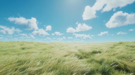Sunny day, rolling green hills, windswept grass, blue sky, peaceful landscape, ideal for nature backgrounds