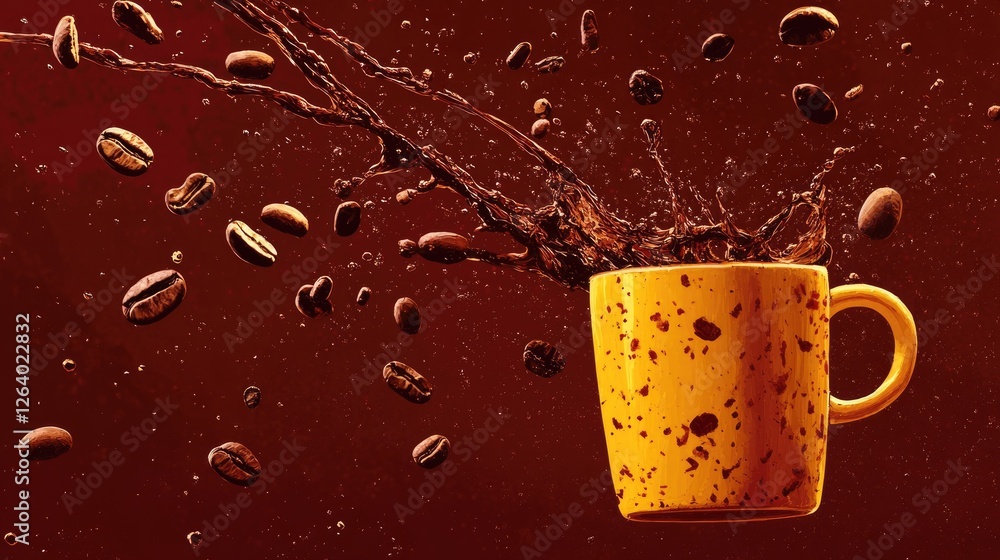 Poster a creative depiction of floating coffee beans and splashes of dark coffee from a bright yellow mug, 