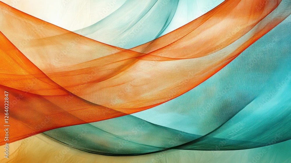 Poster abstract flowing fabric in vibrant orange and teal colors, creating a sense of movement and tranquil