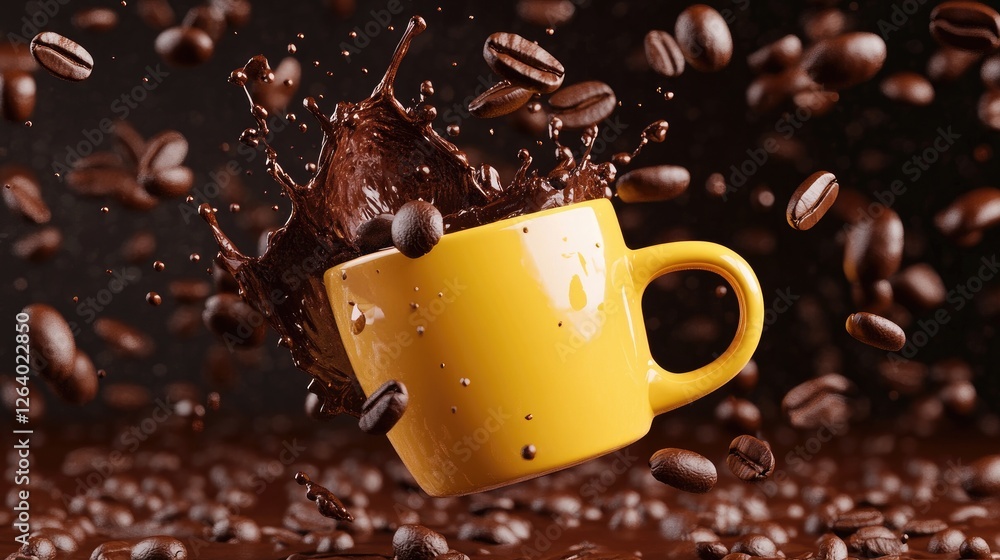 Poster a creative depiction of floating coffee beans and splashes of dark coffee from a bright yellow mug, 