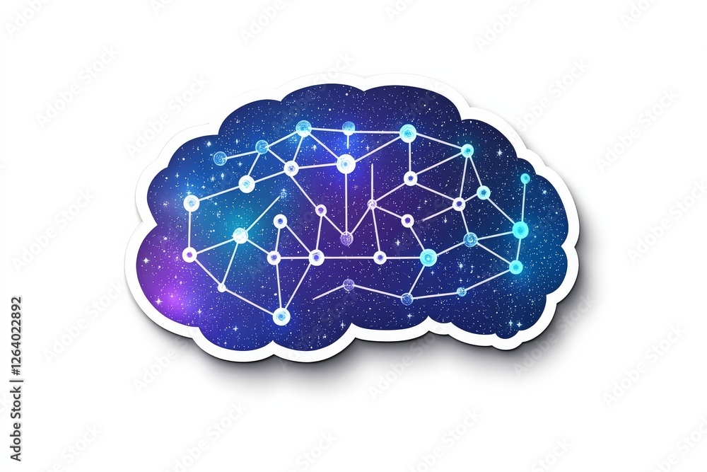 Poster cosmic brain with galaxy patterns and constellation designs symbolizing neural networks, creativity,