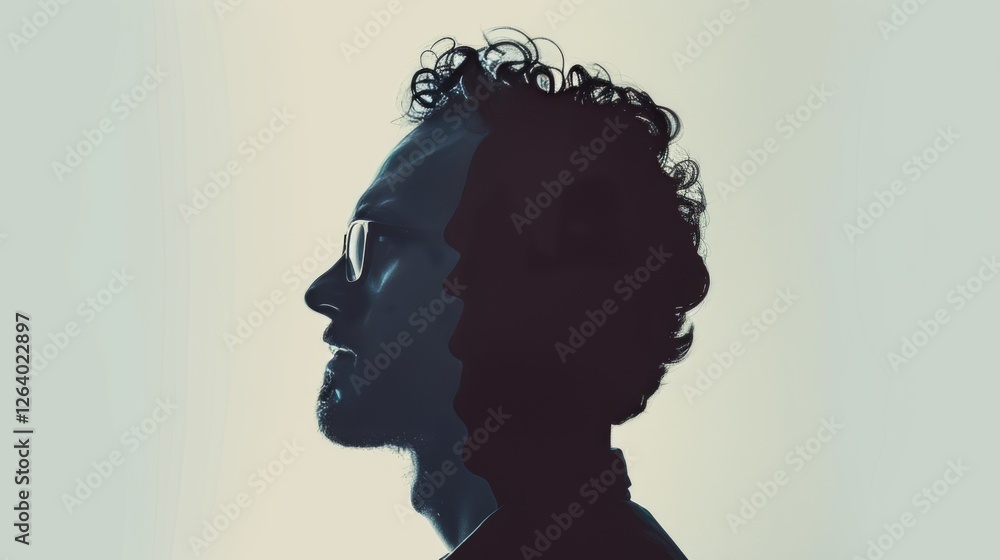 Poster a creative double exposure portrait of a man, blending shadows and profiles for a surreal artistic e