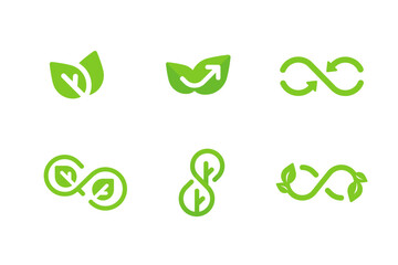 Sustainable green leaf infinity logo icon symbol, editable stroke vector illustration