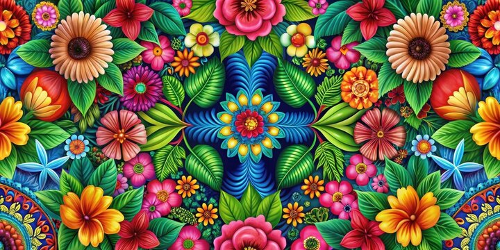 Colorful floral patterns with intricate details and vibrant hues on a digital background, cultural motifs, puerto rico