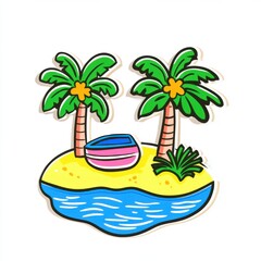 Fototapeta premium Vibrant Tropical Island with Palm Trees and Boat in Cartoon Style Illustration